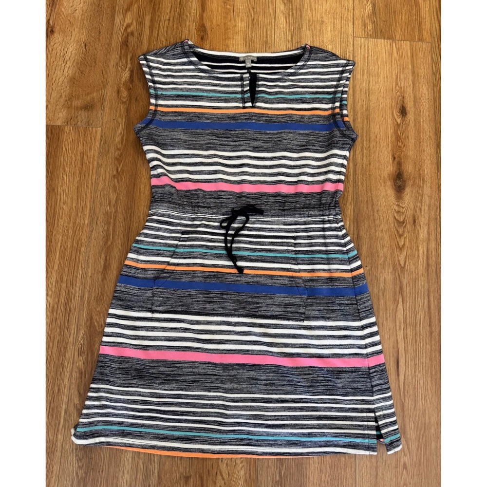 T by Talbots Navy Striped Sleeveless French Terry Dress Petite Medium Drawstring